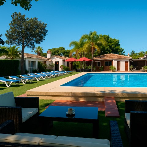 Vista panorámica piscina y jardines