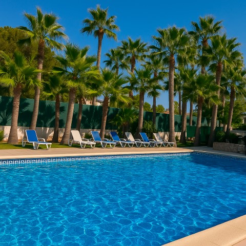 Vista nocturna piscina iluminada